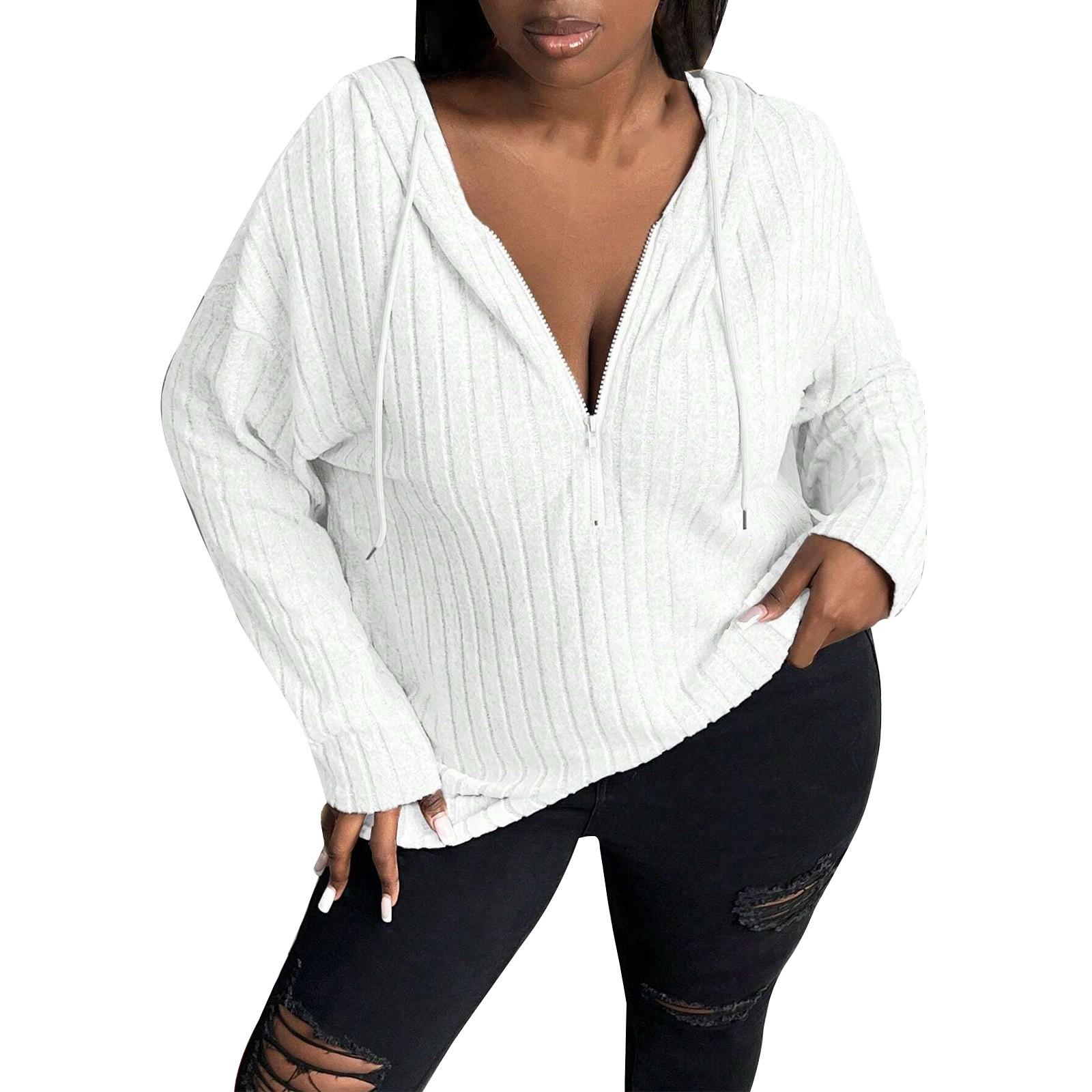 

Женская мода зима новый однотонный длинный рукав толстовка женская с капюшоном на молнии топ XXXL белый