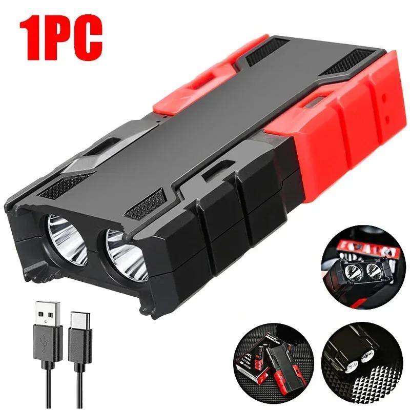 

Сверхяркий светодиодный портативный фонарик с двойными лампочками, встроенный аккумулятор, USB-перезаряжаемый, для кемпинга на открытом воздухе, езды, ремонта, рабочий свет 1PC