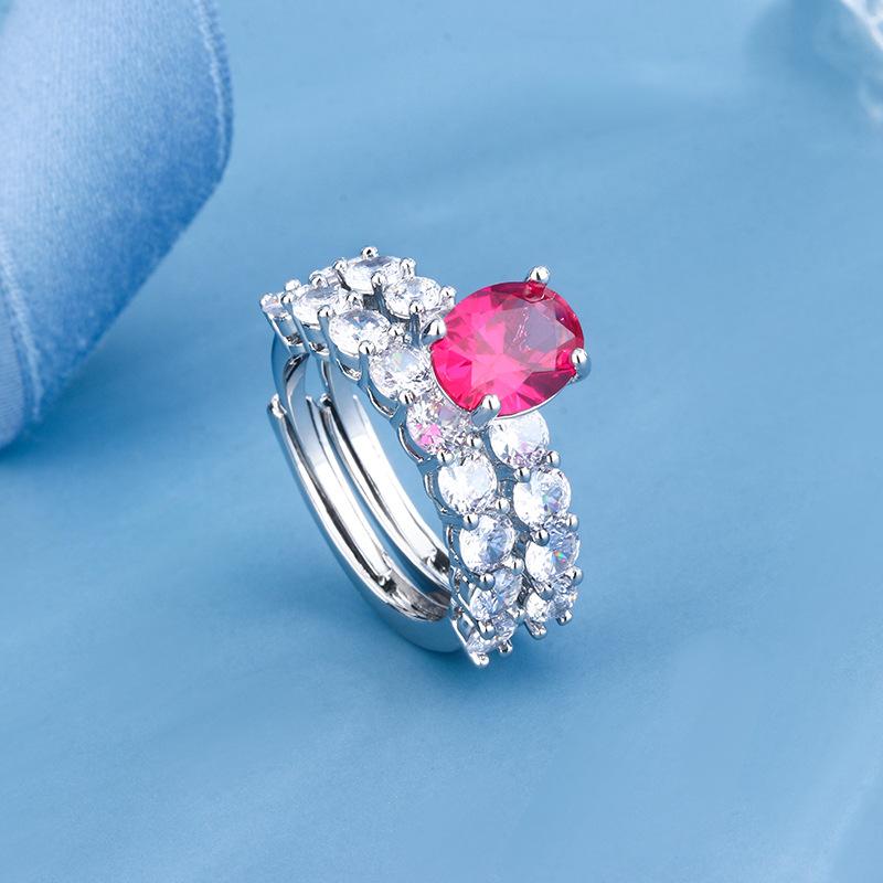 High Carbon Diamond Ruby Two Ring Women's Wide Edition Winged Diamond Pigeon Red Corundum Diamond Ring