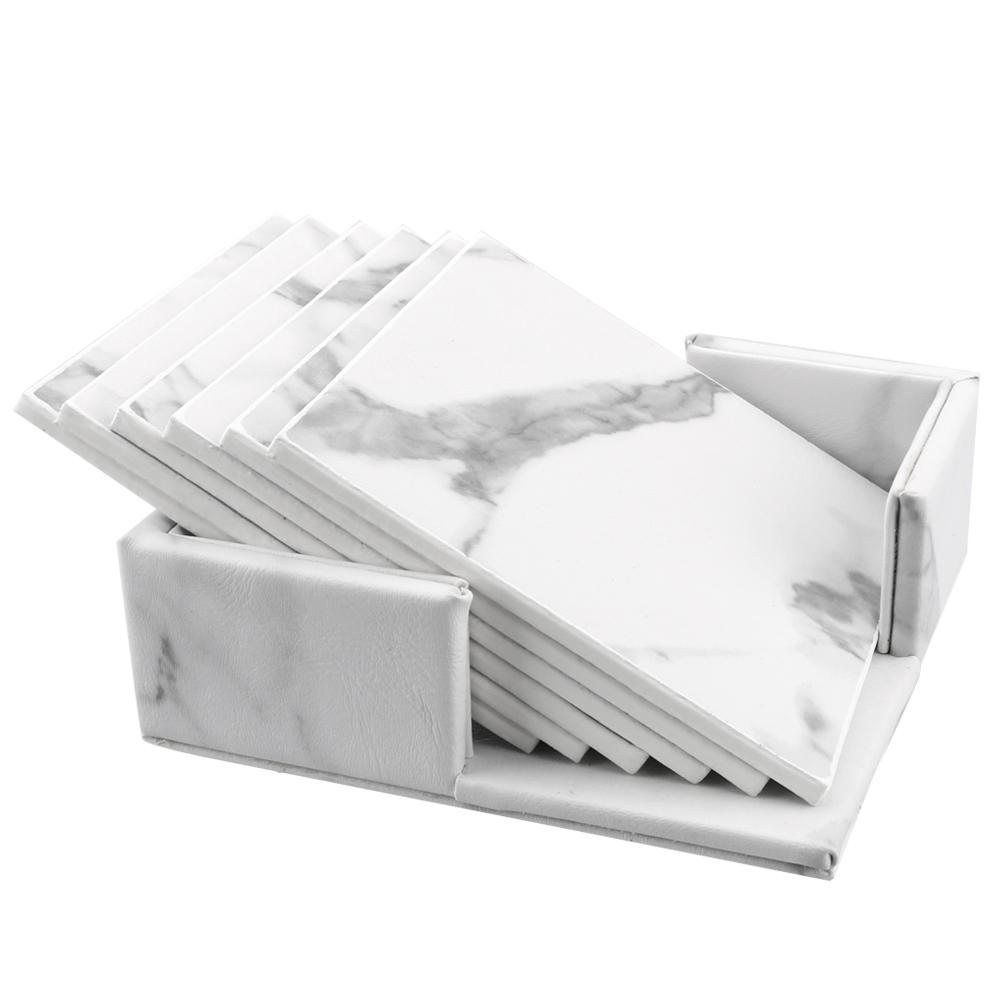6PCS Creative Marble Coaster Drink Coffee Cup Mat Tea Pad Placemats Anti-Slip Heat Insulated Table Placemats PU Leather Kitchen Tableware