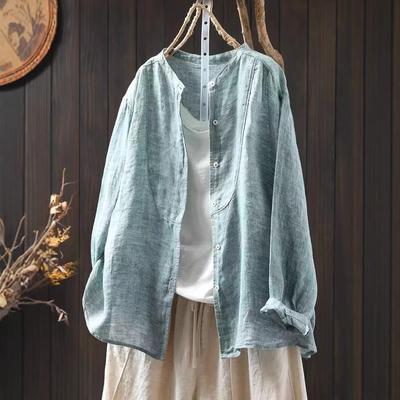Elegante Damen Blusen Leinen Shirts Frauen Sommer Stehkragen Langarm Designer Kleidung