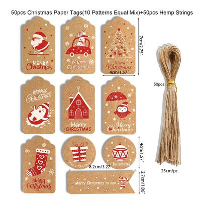 50Pieces Kraft Paper Tags Gift Wrap Tags with Hemp Strings Clear 10 Patterns Assorted Holiday Party Giftbox Decor Supply