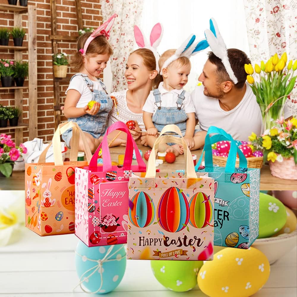Easter Handle Tote Bags – Reusable Non-Woven Gift Bags For Bunny Egg Hunt Party Favors – 4/6/12 Pack Options (8.26x7.87x5.9")