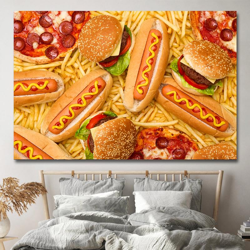 Amerikanischer Stil Fast-Food-Bilder, Leinwandgemälde, Hamburger, Pommes, Hot Dog, Poster und Drucke für Wohnzimmer, Küche, Wanddekoration