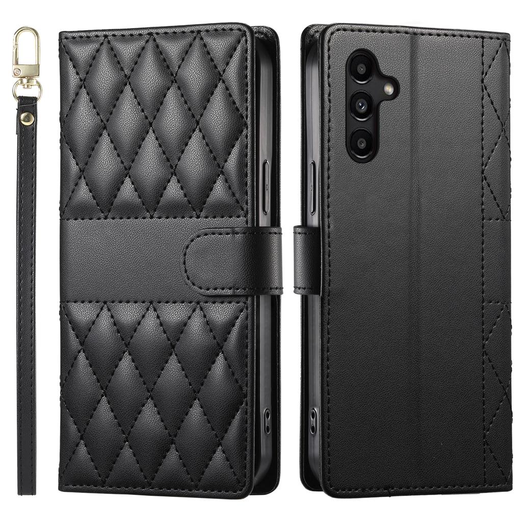 For Samsung Galaxy A15 5G/4G Case Rhombus Stitching Wallet Stand Leather Phone Cover with Long/Short Strap