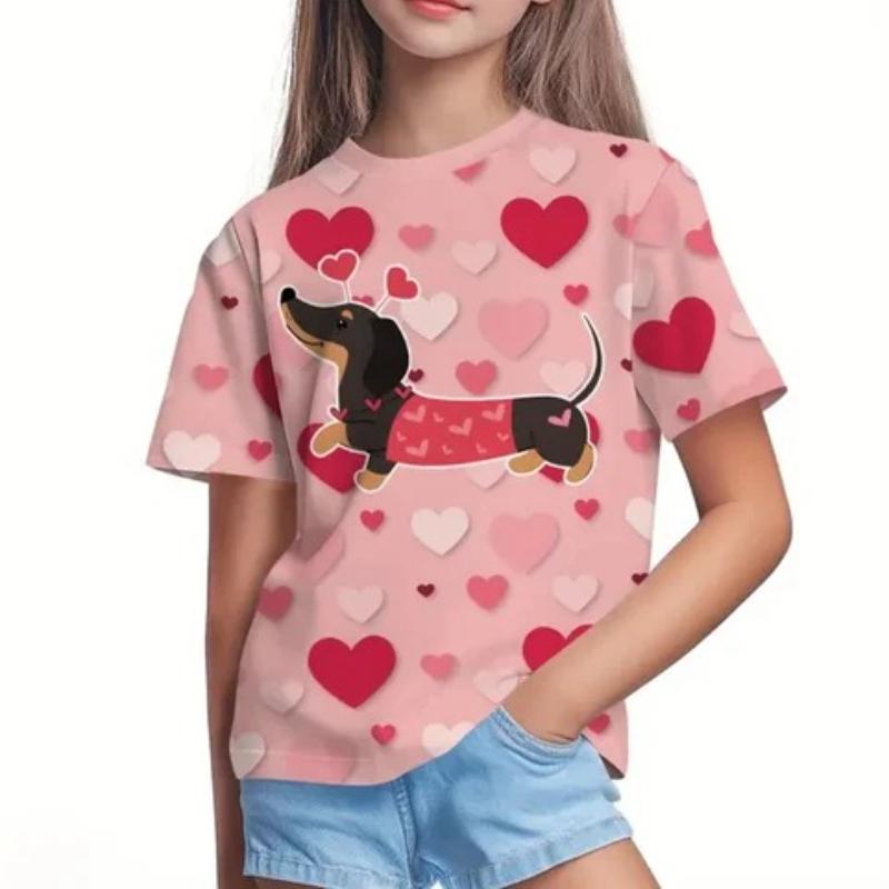 Children's Cartoon Sausage Puppy Print Cute Multi-color T-shirts Girls Fashionable Soft Comfortable T-shirt