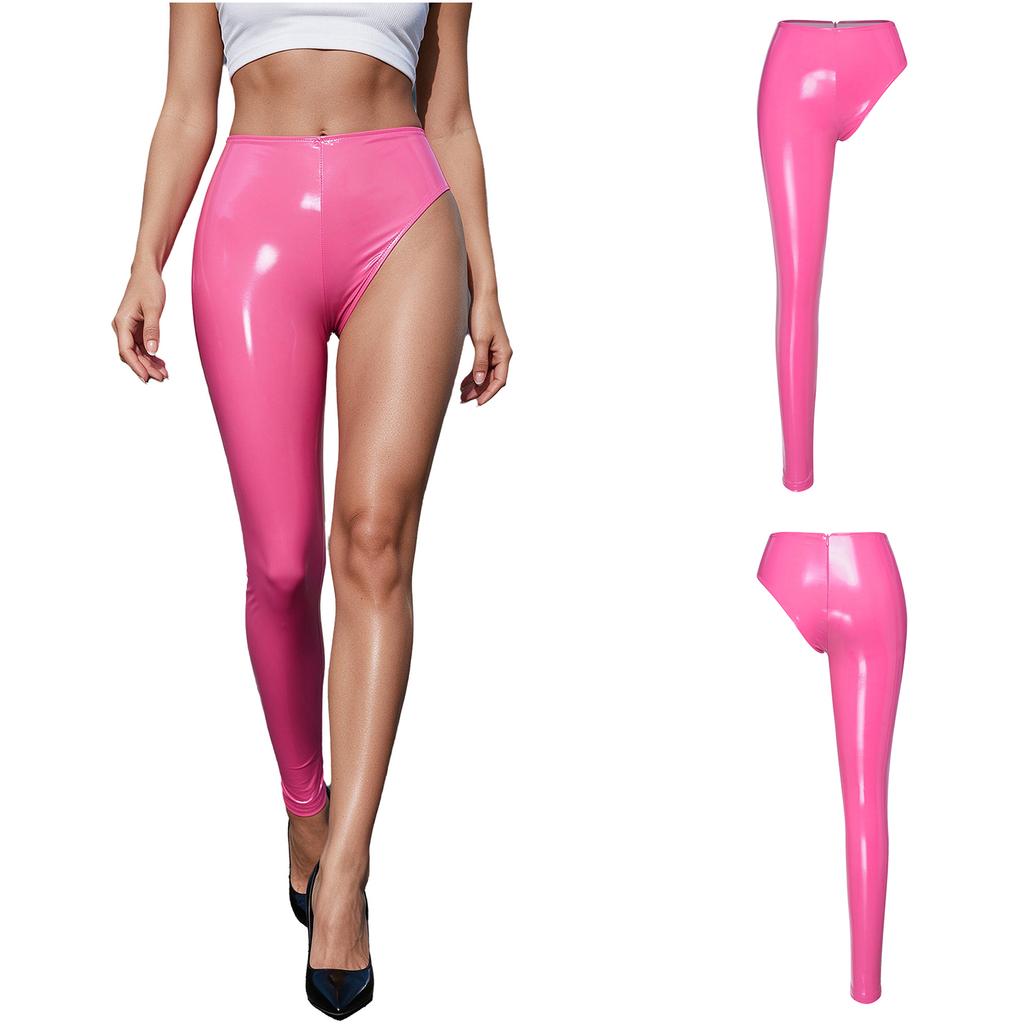 Women Patent Leather Single-leg Pants Back Zip Leggings for Stage Performance Rave Party Music Festival Nightclub
