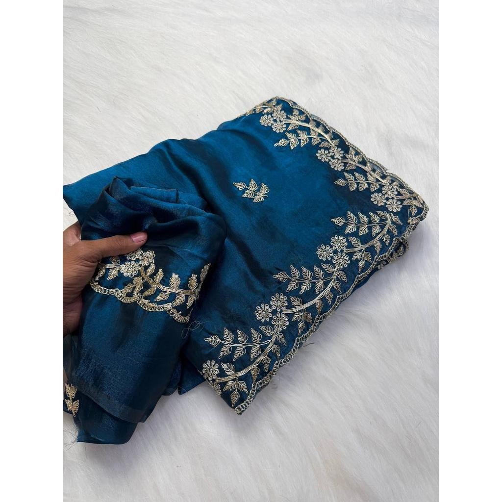 Premium Fandy satin with c pallu spring Dori embroidery work and all over sarees butta work with cutwork border