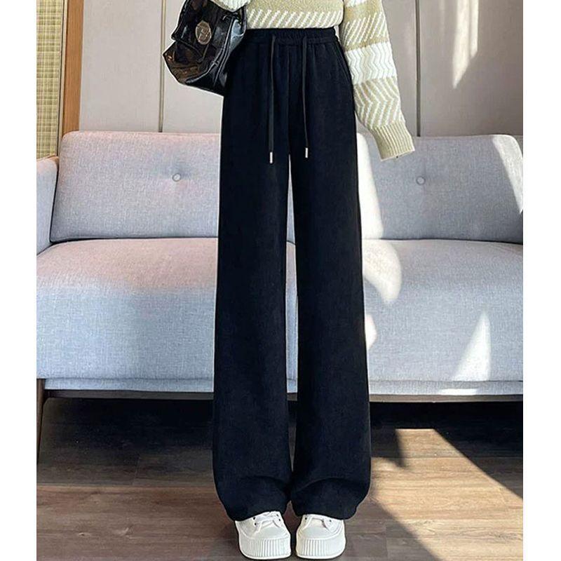 

Осенние новые свободные повседневные флисовые женские брюки, модные зимние бархатные широкие брюки, женские элегантные прямые вельветовые брюки с высокой талией 25415 2XL чёрный
