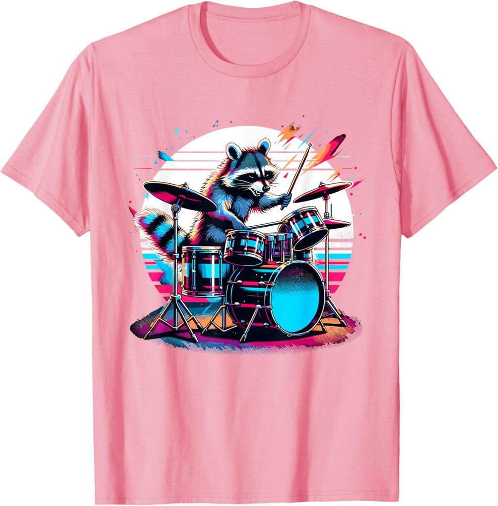 Raccoon Drummer Musician Retro Graphic TShirt Breathable Casual Cotton Tee