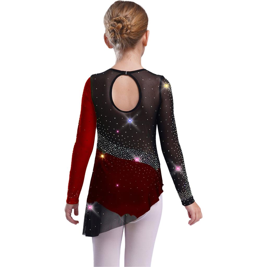 Girls Gymnastics Costume Long Sleeve Sheer Mesh Design Patchwork Sparkling Rhinestones Color Block Leotard