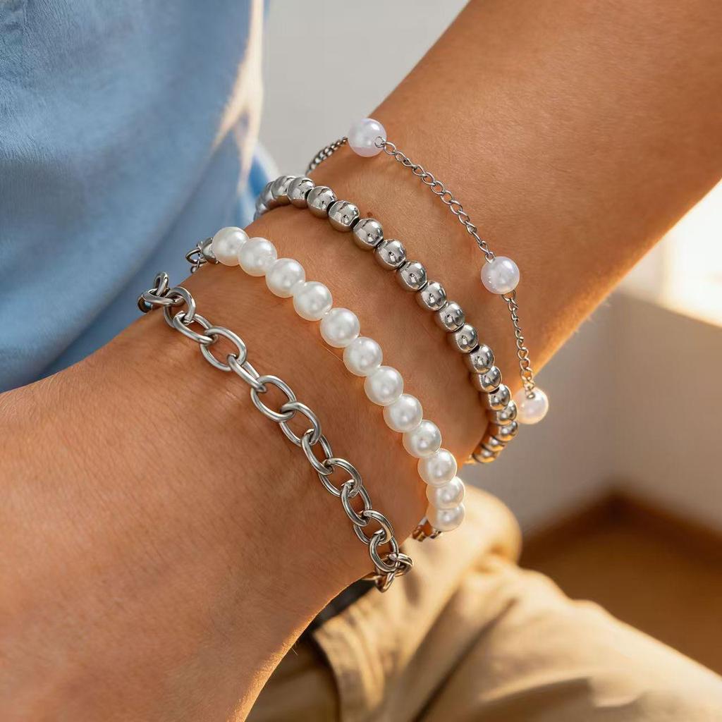 European and American Multi-Layer Beaded Fashion Bracelet Set with Imitation Pearls
