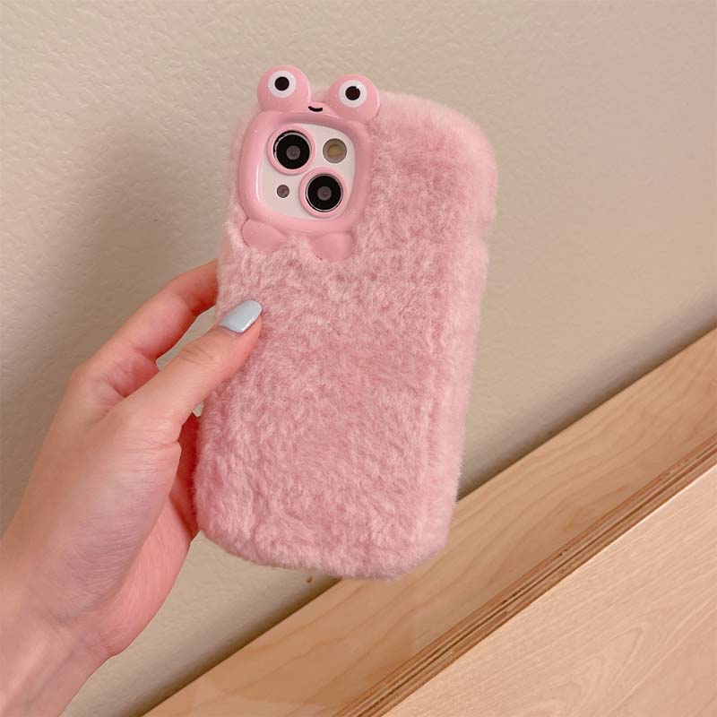 Cute Frog Eyes Design Autumn and Winter Long Plush TPU Mobile Phone Cover Case for Iphone 11 12 13 14 15 16 Pro Max