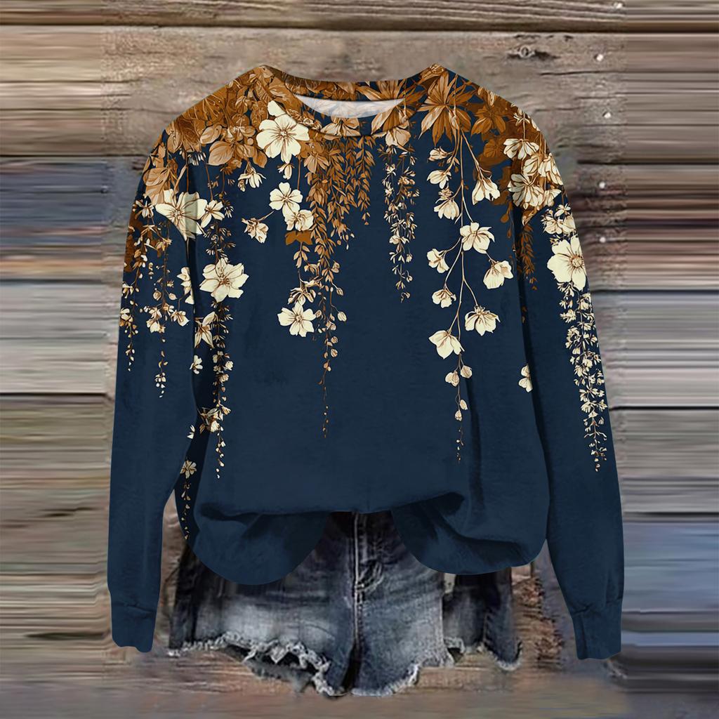 Women's Fashion Printed Long Sleeve Loose Round Neck Sweatshirt Top Fall