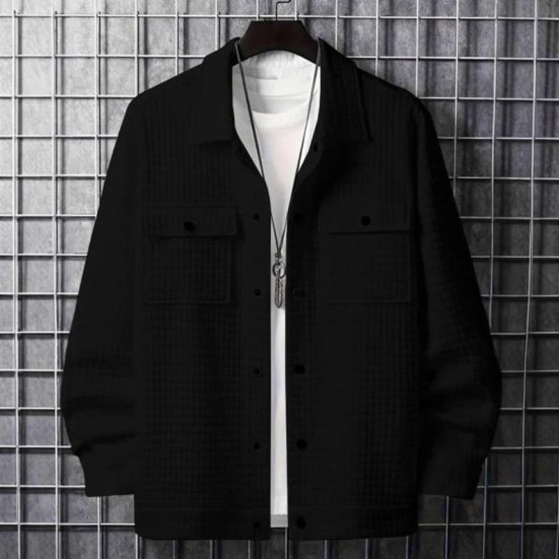 Men Coat Lapel Long Sleeve Solid Color Jacket with Small Square Decoration Loose Fit Single Breasted Outerwear