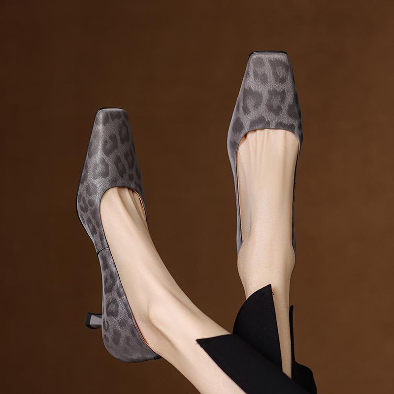 Krazing Pot Cow Skin Summer Autumn Thin Med Heels Party Shoes Women Square Toe Leopard Prints Shallow Pumps