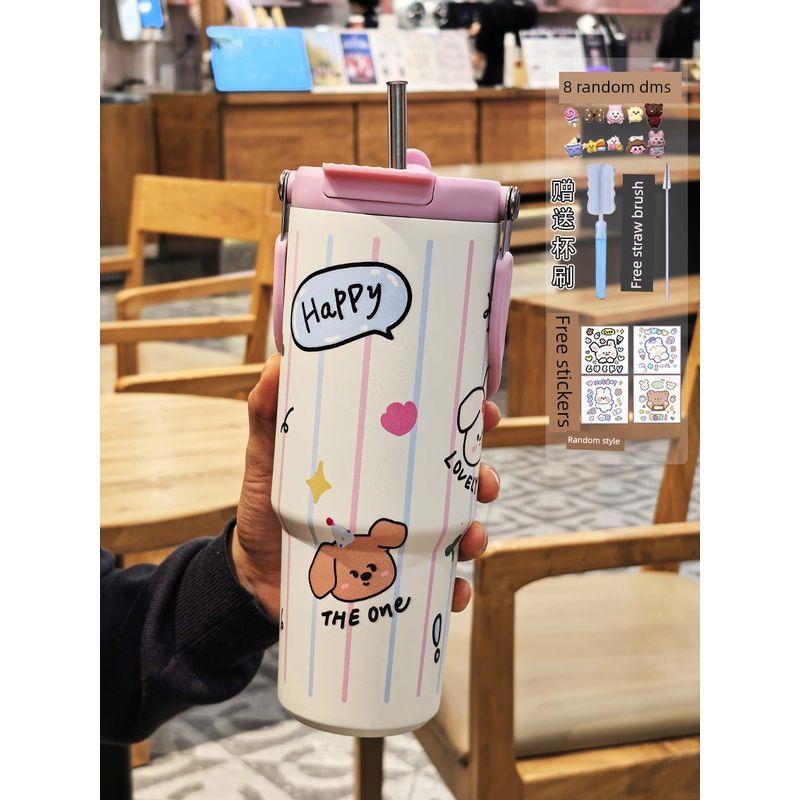 Large-Capacity Thermos Cup for Girls, Good-Looking Design with Handle, 2024 New Model, Straw Water Cup, Portable Dual-Drink Cup for Students