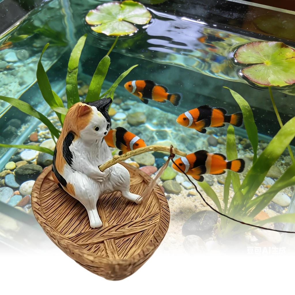 Fish Tank Decoration Cute Kitten Fishing Resin Statue Aquarium Decoration For Garden Pond Home Office Landscaping Outdoor