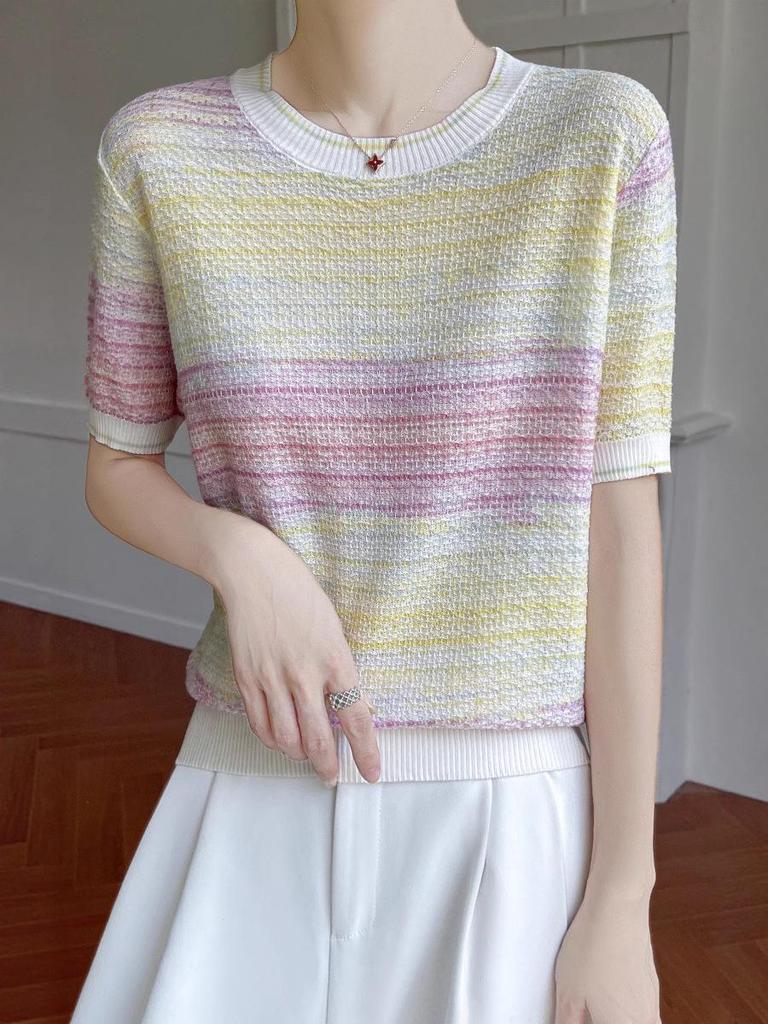 Women's Gradient Striped Tencel Lyocell Knit T-Shirt with Round Neck and Short Sleeves