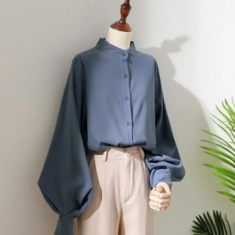 Woman Spring and Autumn Design Lantern Sleeve Stand Collar Blouses Ladies Solid Color Loose Shirts