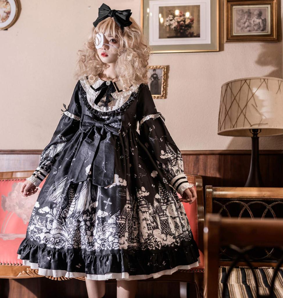 Gothic Lolita Long Sleeve Dress One Piece Skirt Knee Length Black Doll Castle Pattern [Lady Lazy] (L)