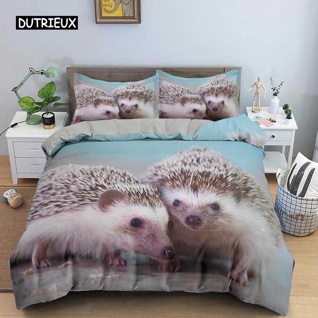 Hedgehog Duvet Cover Set 3D Cartoon Hedgehog Flower 2/3PCS Bedding Set Kids Boys Girls Animal Queen Size Polyester Quilt Cover