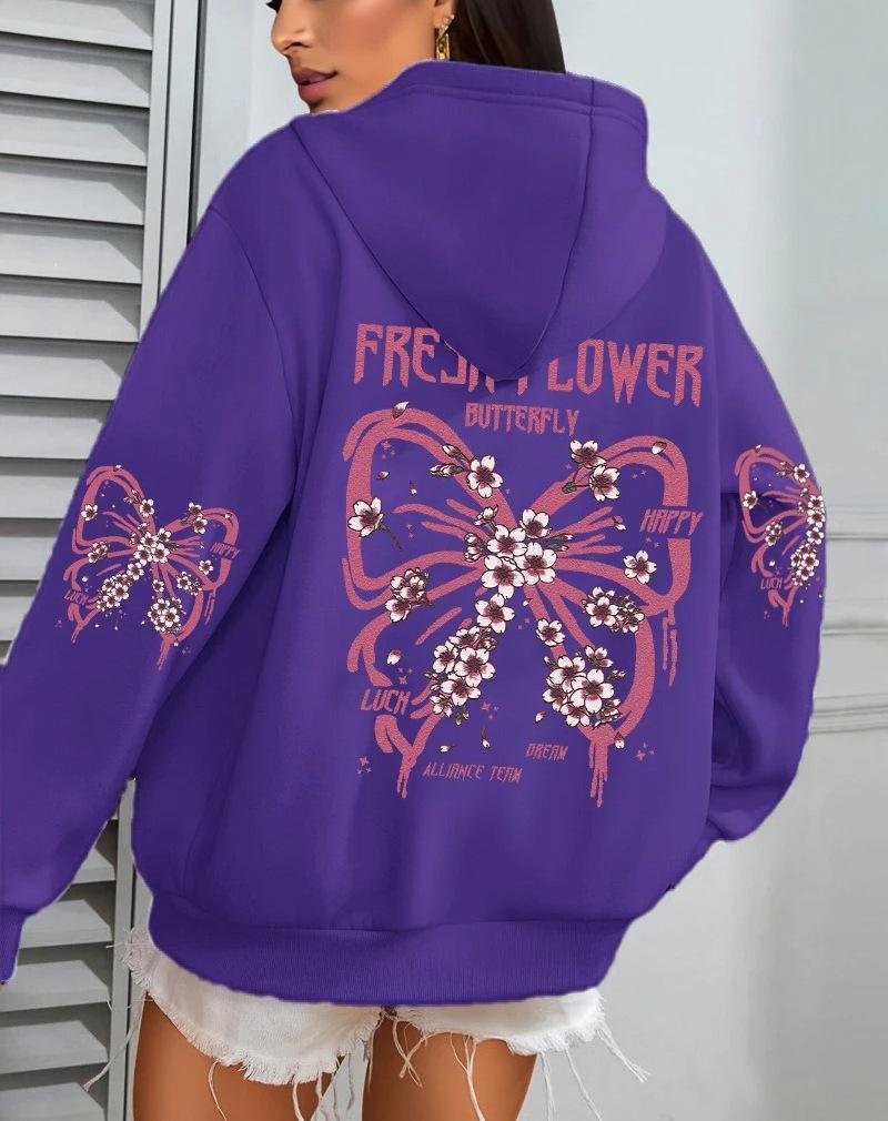 Fresh Butterfly Print Women's Hooded Sweatshirt - Autumn Loose Casual Fleece Pullover with Pockets.