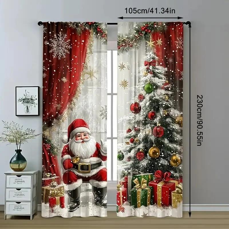 2pcs Festive Santa Claus Printed Curtains   Privacy Semi Sheer Fabric   Christmas Window Decoration   Rod Pocket   Home Decor