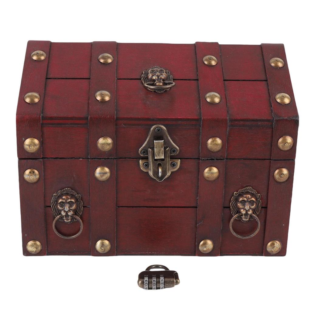 Vintage Wooden Jewelry Storage Box Decorative Trinket Chest Organizer with Hinged Lid Password Lock