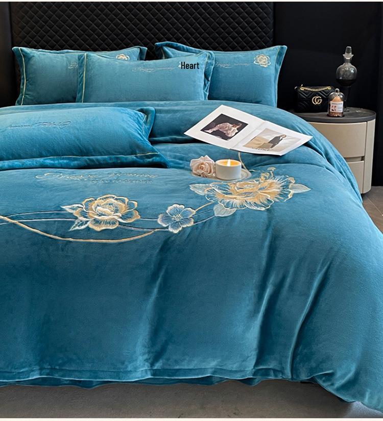 Winter Warm Milk Velvet Embroidered Four-Piece Anti-Static Double-Sided Fleece Bedding Set