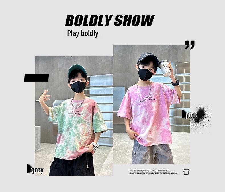 2025 Boys' Trendy Tie-Dye Cotton T-Shirt: Short-Sleeve, Breathable Summer Streetwear for Older Kids