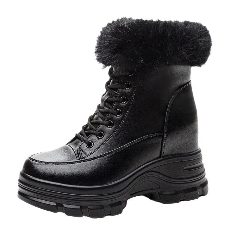 Fashion 9CM Genuine Leather Fashion Women Ankle Booties Platform Wedge Flats Winter Plush Autumn Warm Boots Spring Shoes Chimney