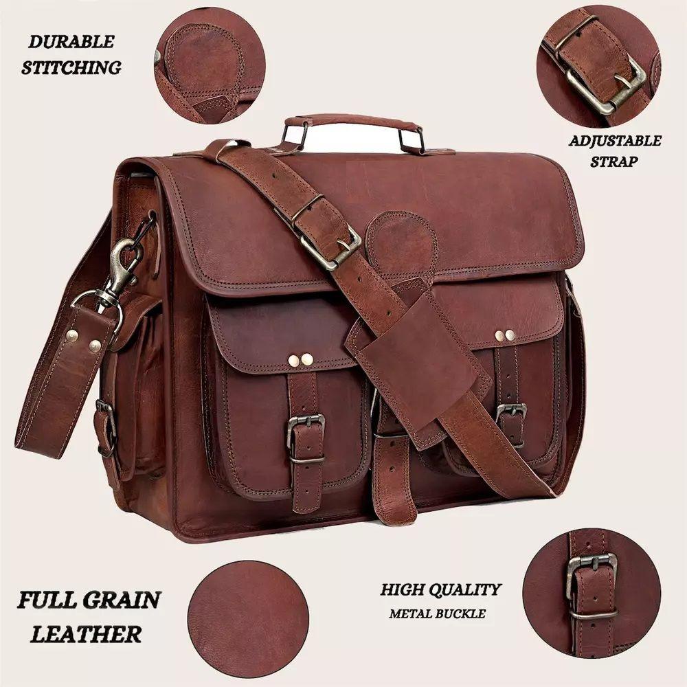Goat Leather Bag Genuine Messenger Laptop Men's Satchel Real Brown Briefcase