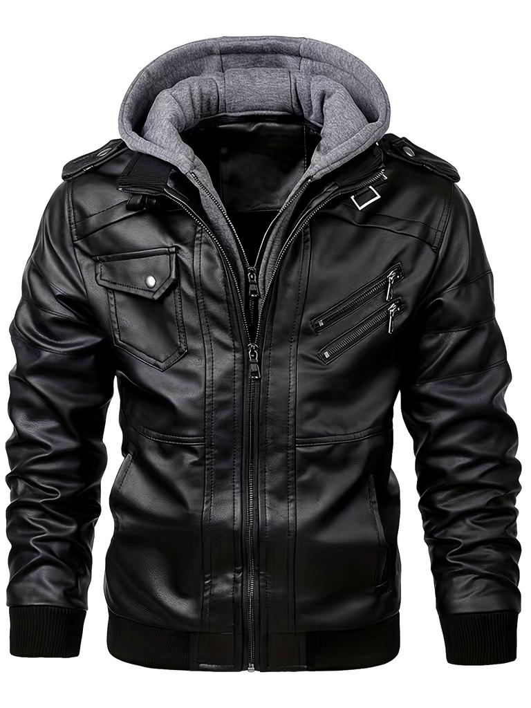 Hood Leather Jacket Streetwear Biker Coat Slim Fit Autumn Winter Coat Men Fur Lined Men Motorcycle Jacket Fashion Men Jacket