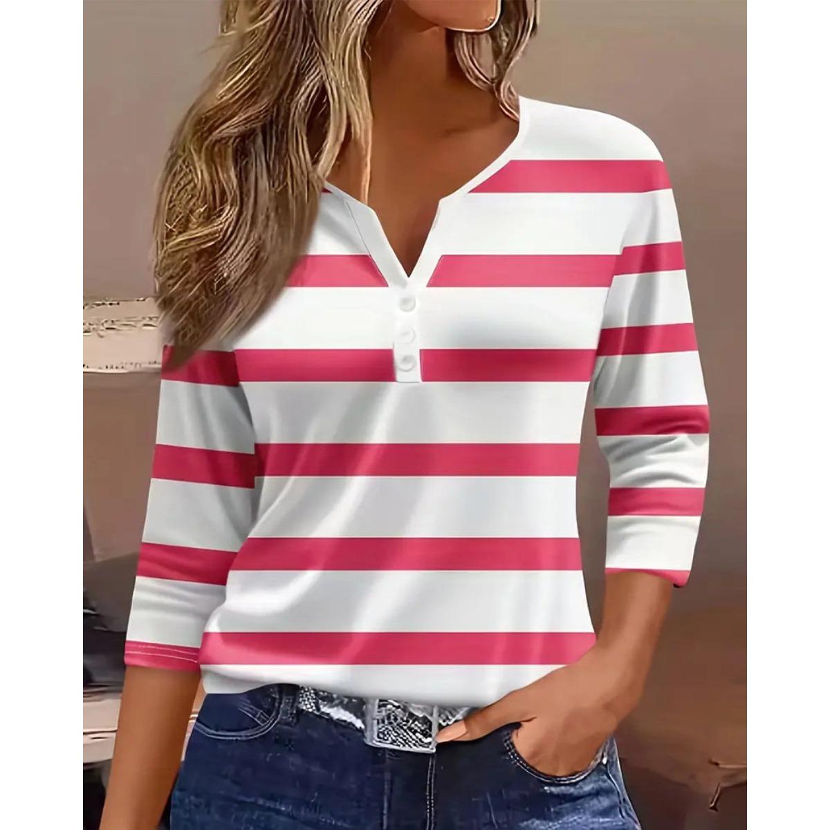 

2025 Лето Новая Женская Повседневная Футболка в Полоску на Пуговицах с V-образным Вырезом Модный Универсальный Топ для Европы и Америки XXXL красный