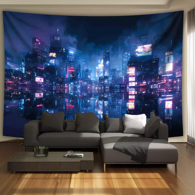 2D Cyberpunk City Night Tapestry, Neon Skyline with Water Reflection Wall Decor
