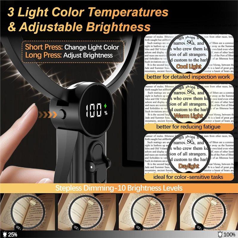 ABBP-Hands Free Magnifying Glass With Light, 2500Mah Flat Strap Neck Magnifier With LED Display & 3 Color Light
