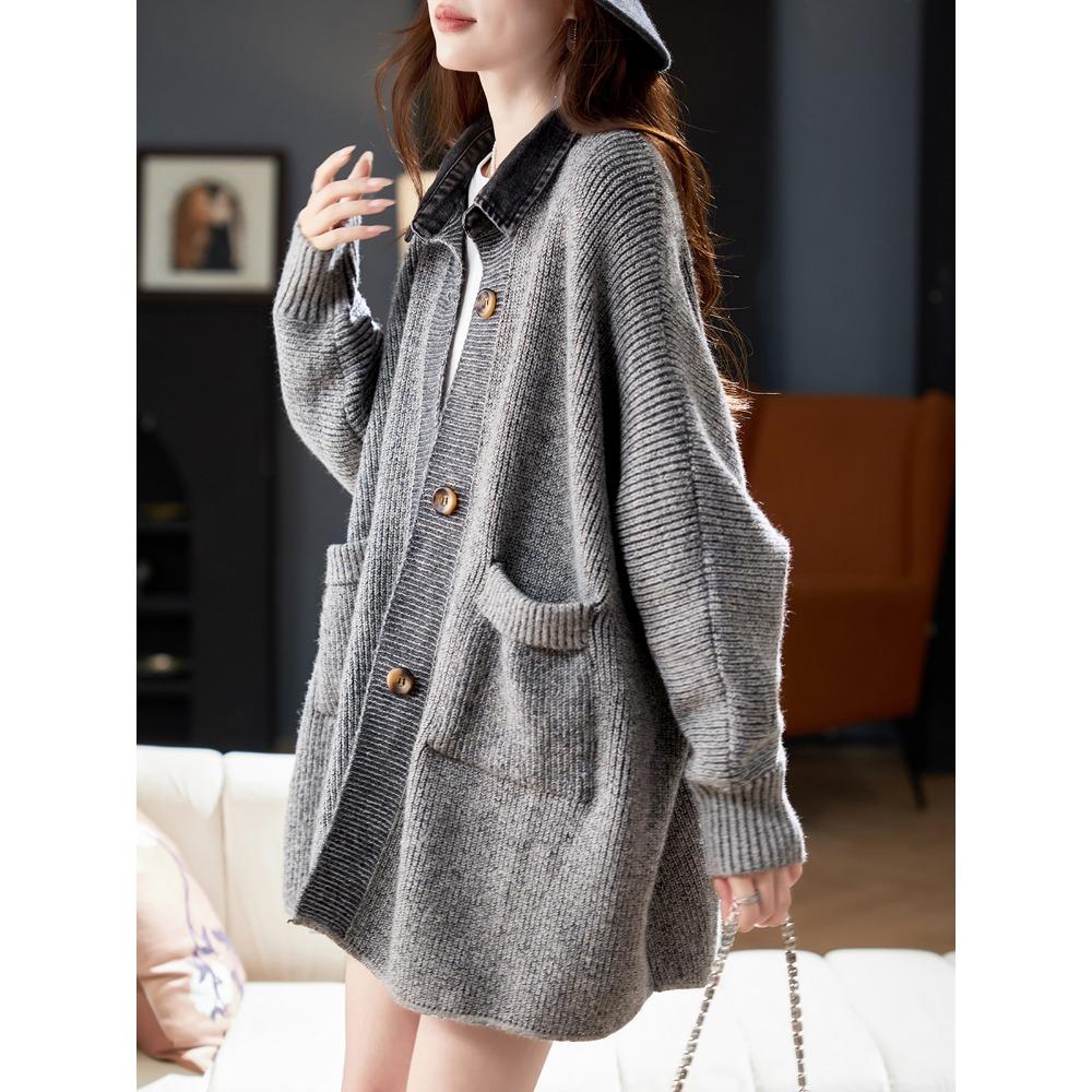 

DIMANAF 2025 Зимняя Новая Длинная Куртка Большого Размера Женские Свитера Джинсовое Пальто Лоскутное Кардиган Вязаный Карманы Свитер One Size серый