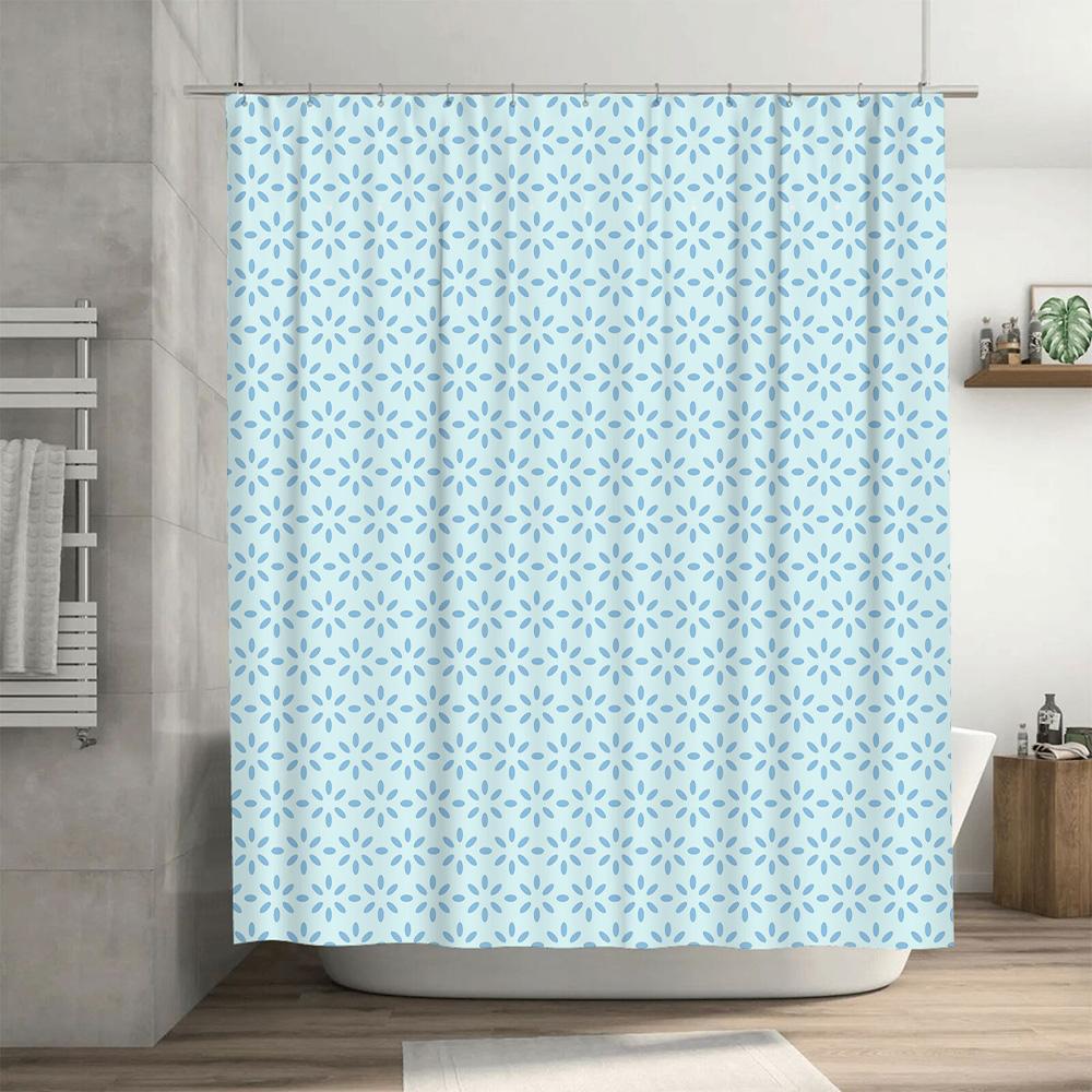 Blue Floral Shower Curtain Waterproof Decorative Bathroom Liner with Metal Hook Set for Home Decoration in Light Blue