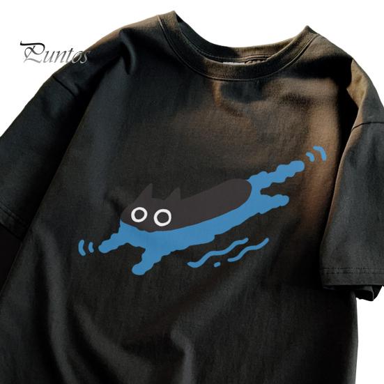 Par Casual T-skjorte Tegneserie Svart Katt Trykk T-skjorte Rund Hals Løs Sommer Topp for Menn Kvinner Hjem Gym Streetwear