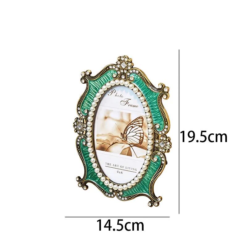 

Retro Copper Picture Frames Green Enamel Decorative Oval Frame Pearl Decor Bedroom Bedside Photo Organizer Home Decoration