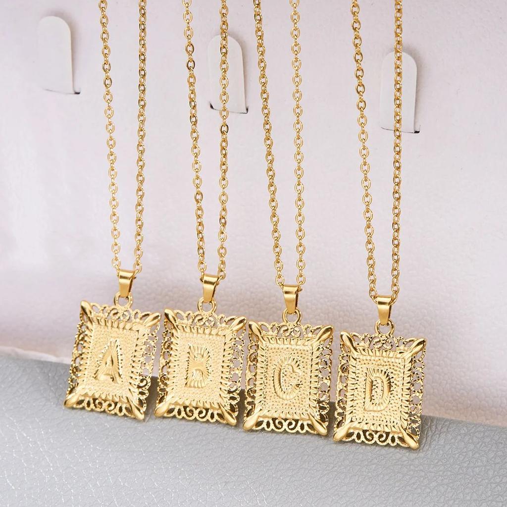 Exquisite Gold Color Initial Pendant Necklace for Women Men Stainless Steel Geometric Alphabet Necklace Friendship Jewelry