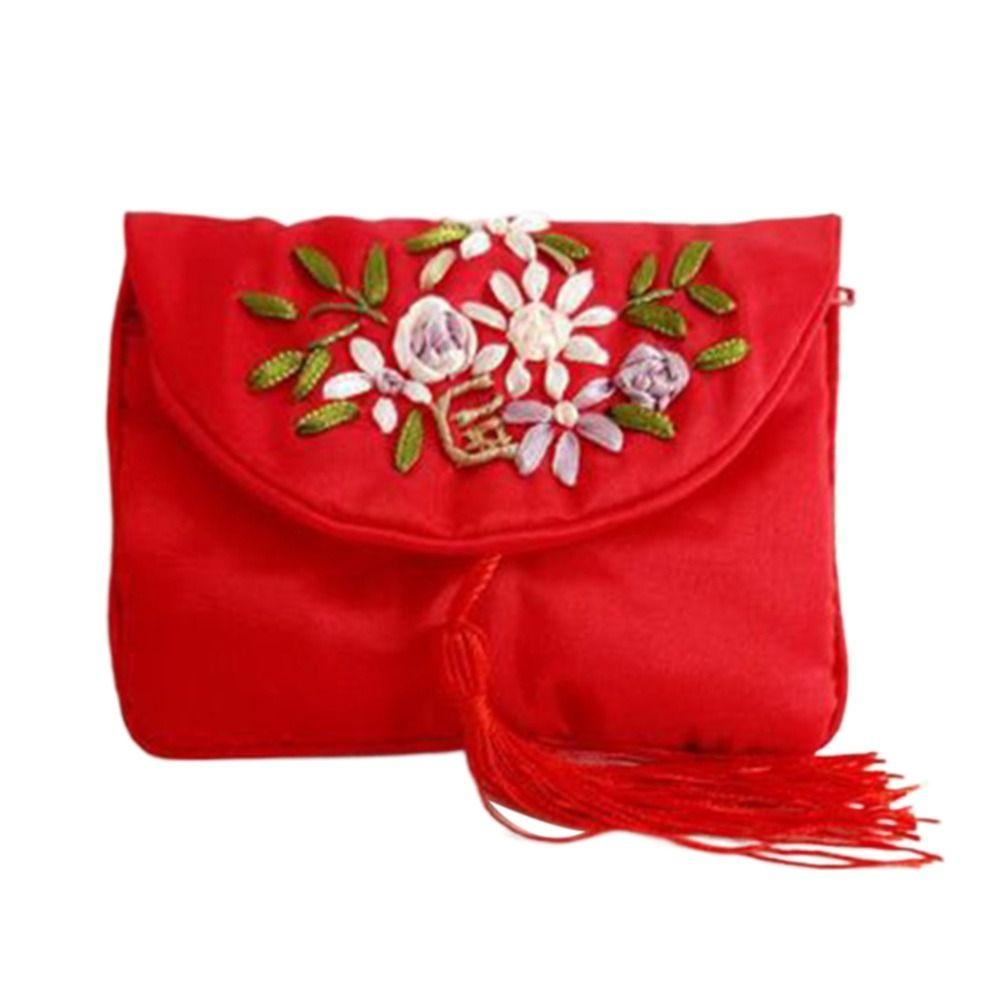 Embroidered Flower Women Tassels Handbags Retro Handmade Zipper National Small Bag Card Storage Ethnic Style Coin Purse