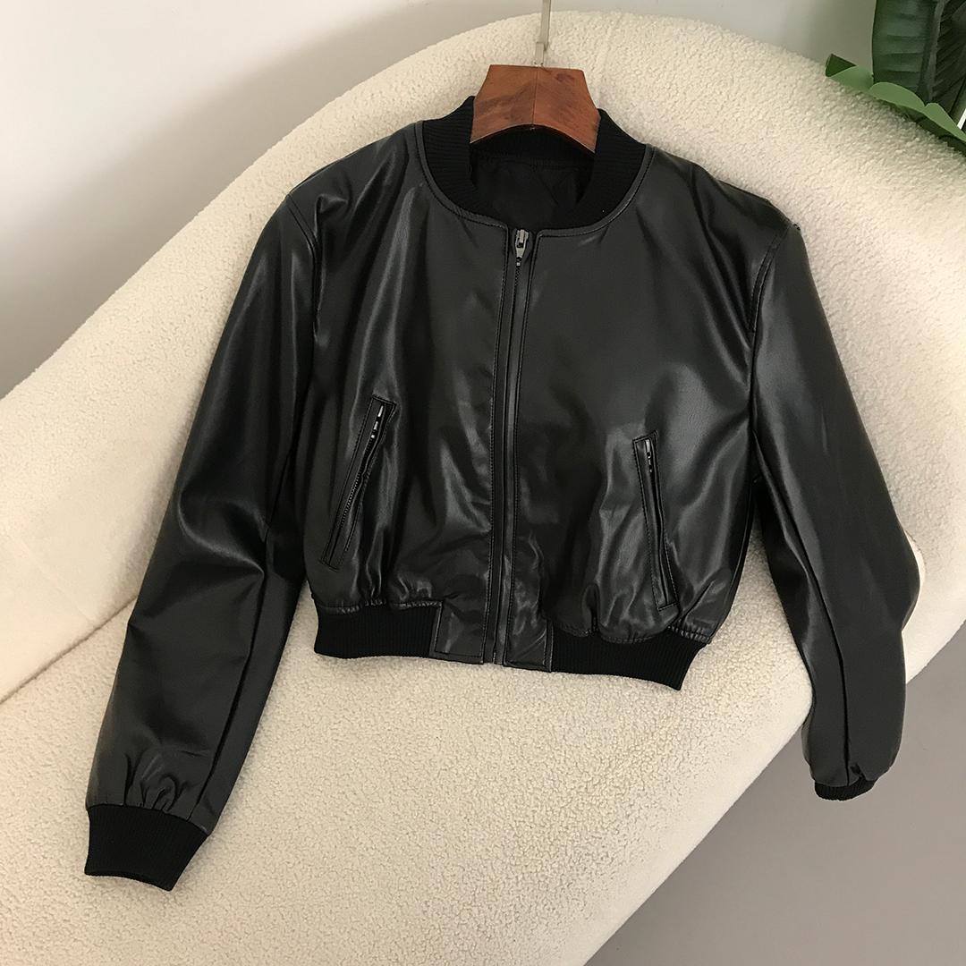 

OFTBUY женская свободная кожаная куртка винтажная стойка с воротником-стойкой градиентная молния короткое пальто весеннее женское локомотив стиль шик L