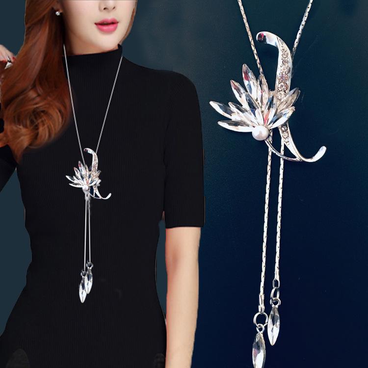 Korean Tassel Crystal Pendant Necklace - Elegant Long Sweater Chain