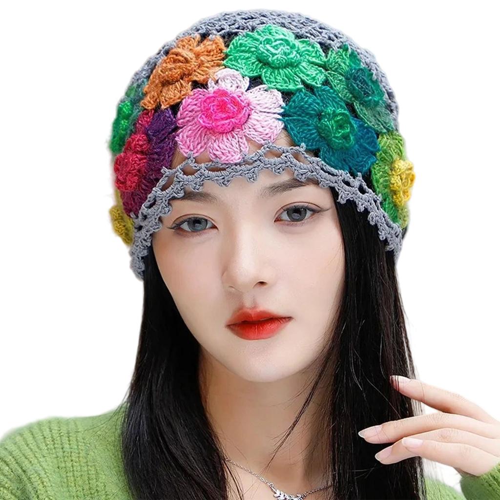 HollowOut Flower Cotton Beanie Hat Openwork Design Stretchy Skull Cap For Women Vacation Wear Photography Headpiece