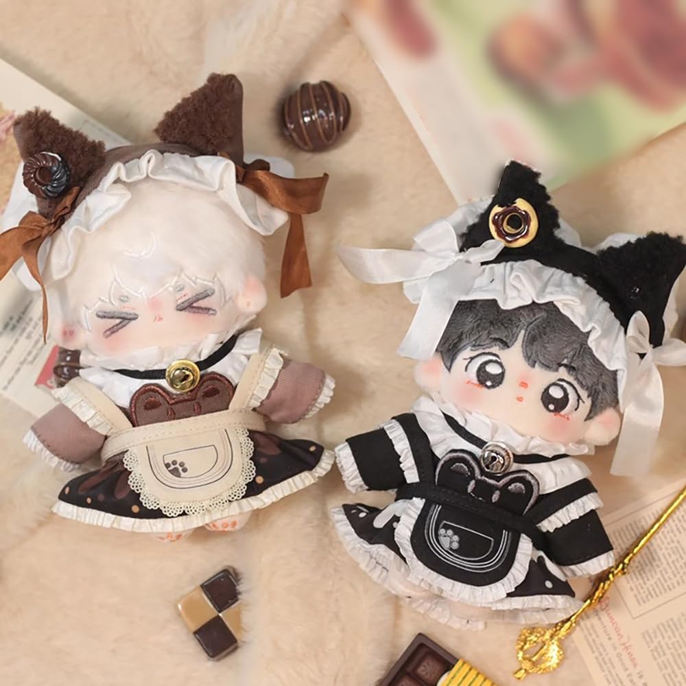 Niannyyhouse 10cm Plush Dress Maid Cotton Doll Clothes, Headgear, Shirt, Skirt, Apron, Kit, Outfit, Accessories, Dress-Up (Brown)