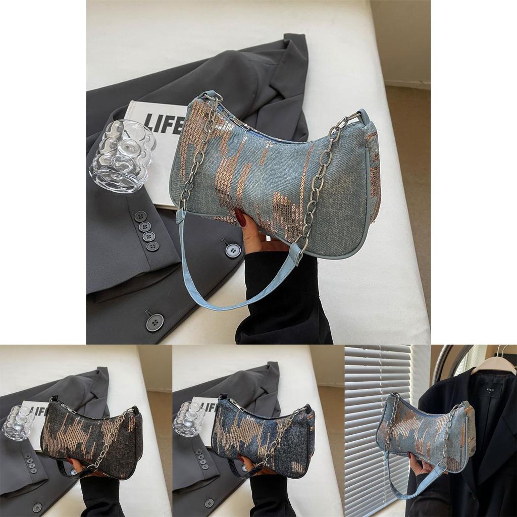 Trendy Denim Shoulder Bag 2024 Chic Chain Detail Medium Size Crossbody Bag For Women