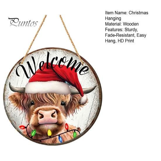 Rustic Christmas Wall Decor Wooden Round Hanging Sign, Santa Claus Highland Cow Winter Theme Farmhouse Ornament Door Decor, Holiday Welcome for Indoor