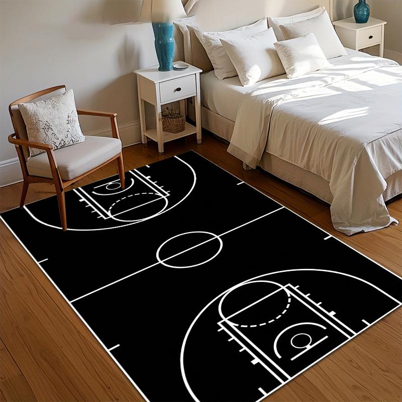 Basketball Court Area Rug Minimalist Black and White Sports Design Non Slip Washable Floor Carpet for Playroom Kids Bedroom